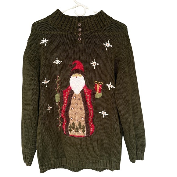 Mandal Bay Sweaters - Mandal Bay Sweater Womens XXL Green Santa Claus Mock Neck Ugly Christmas Beaded